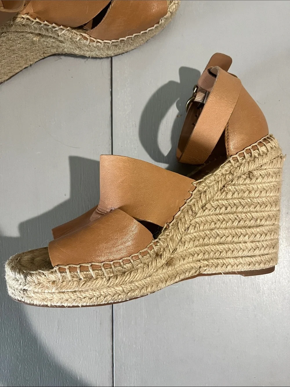 Treasure & Bond Tan Leather Espadrille Wedge Sandals with Ankle Strap